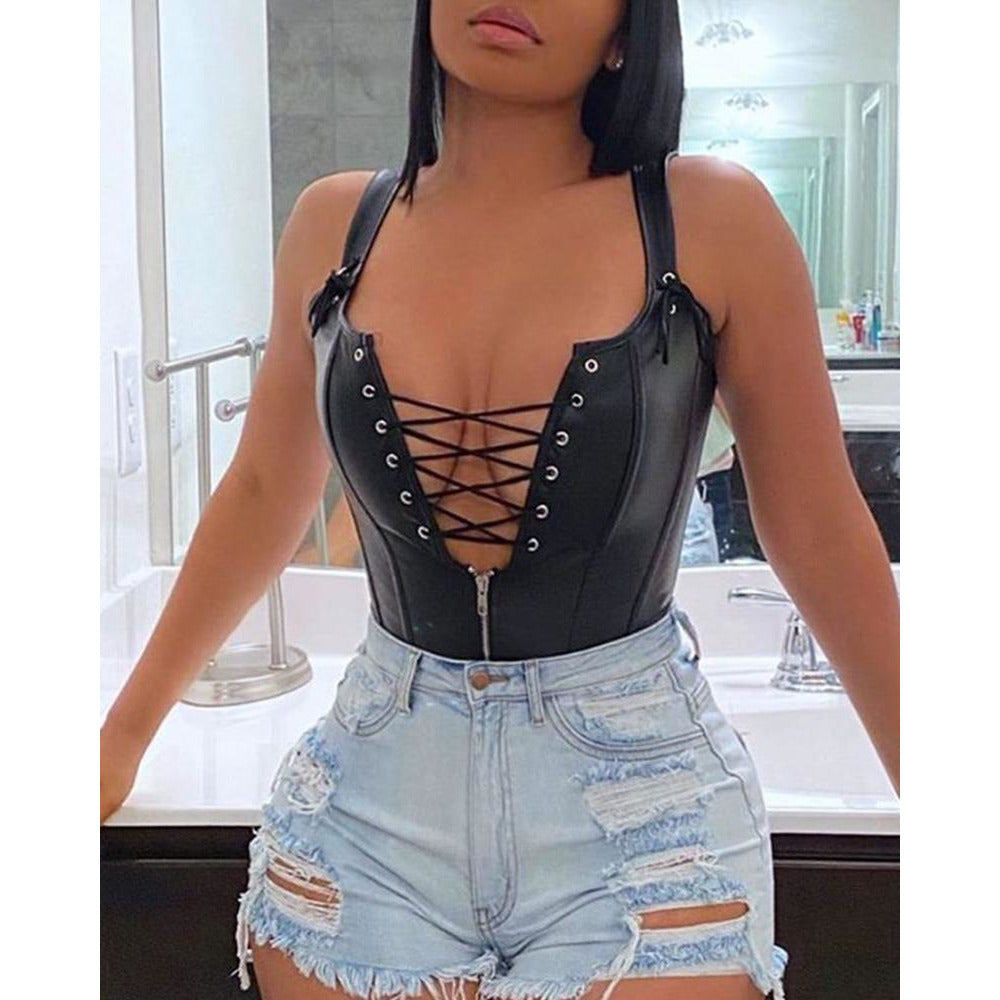 Lace-Up Leather Corset Bodysuit