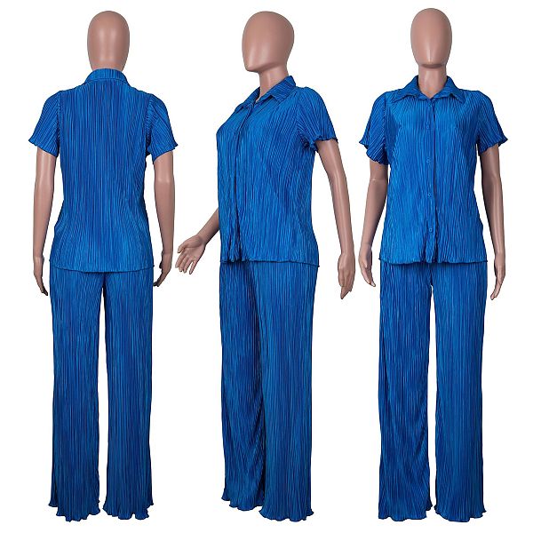 PREORDER Pleated Short Sleeve Shirts Wide Leg Pants Set