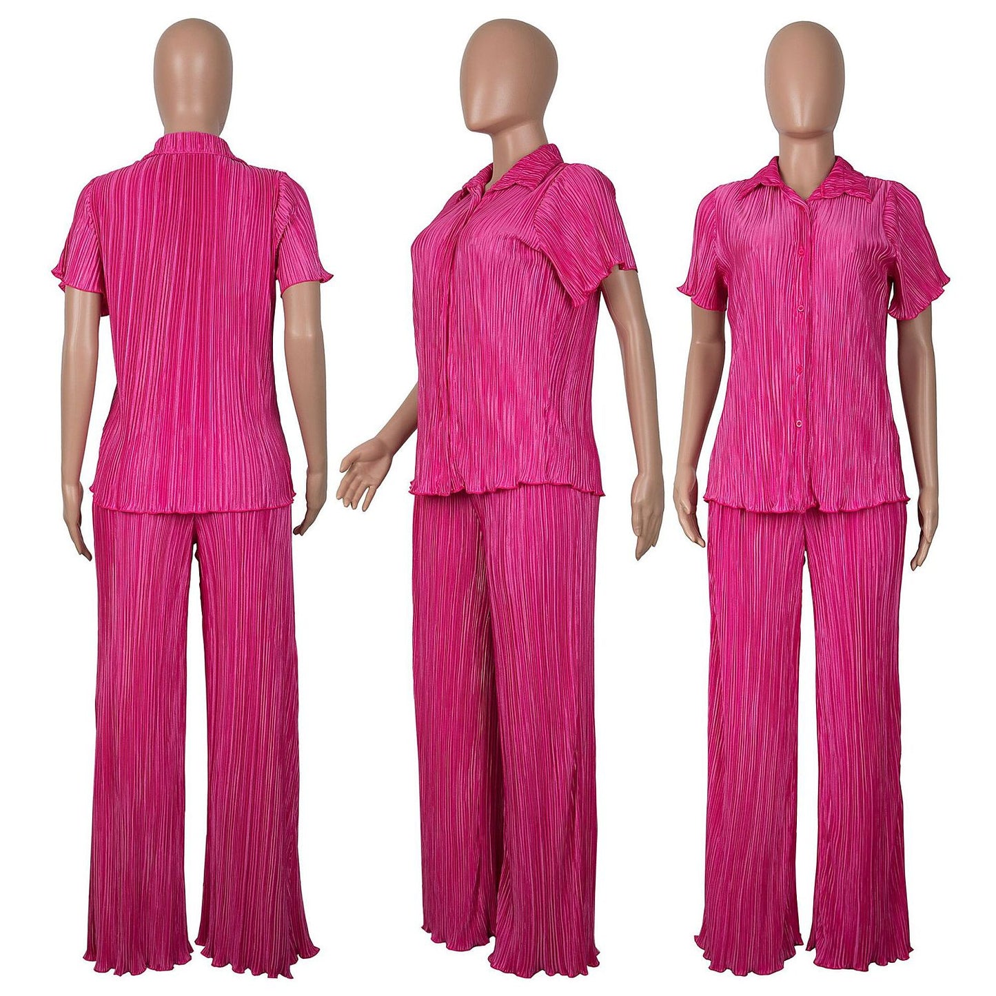 PREORDER Pleated Short Sleeve Shirts Wide Leg Pants Set