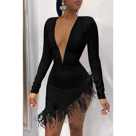 Solid Deep V-neck Feather Hem Gauze Inner Dress