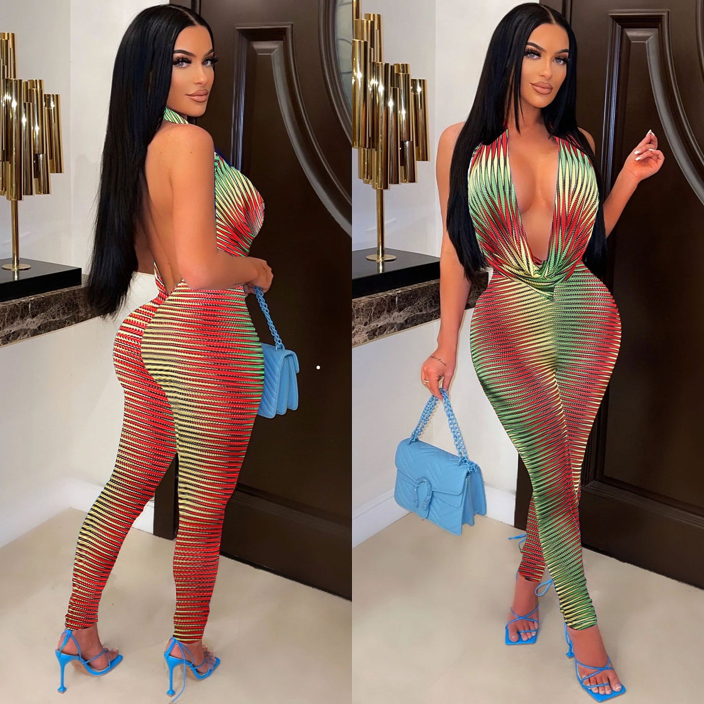 PREORDER Halter Backless Printed Mesh Jumpsuit