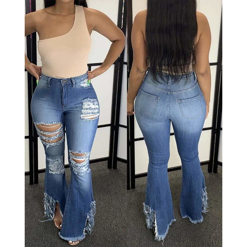 Ripped Cutout Fringe Hem Bootcut Jeans