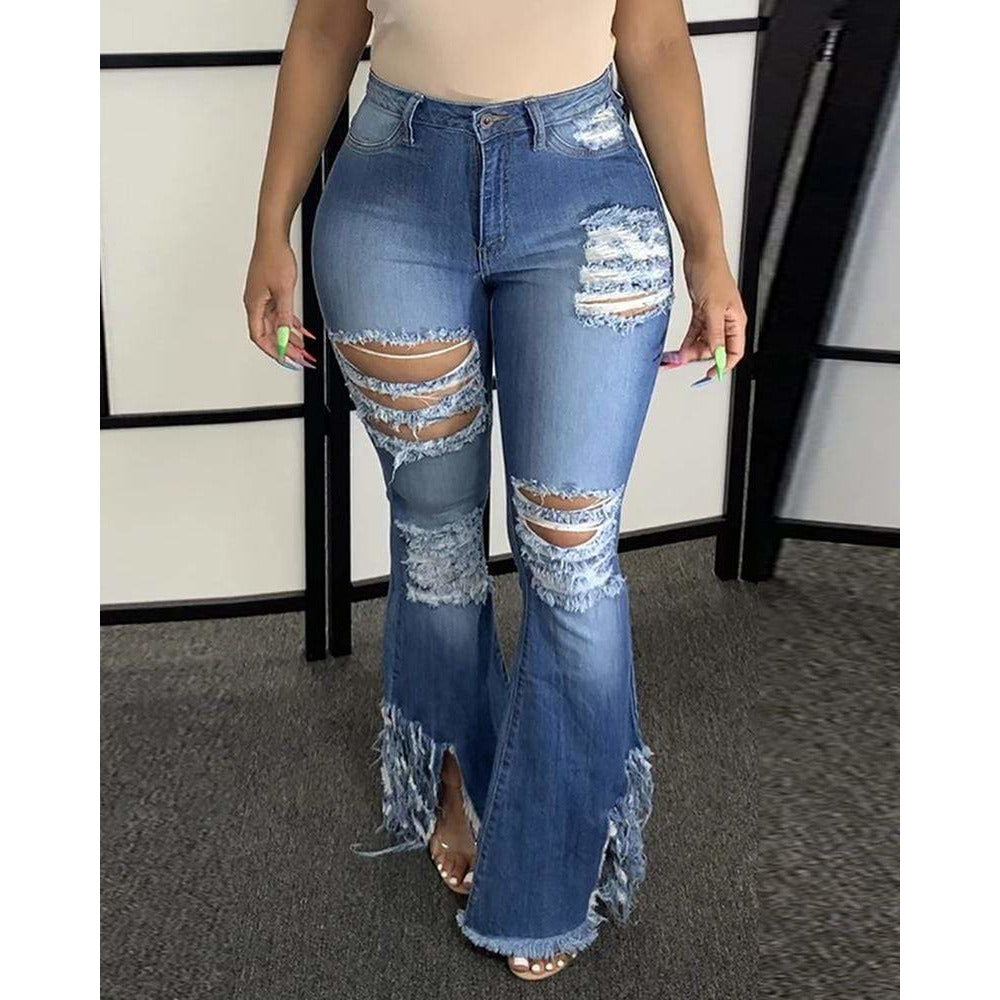 Ripped Cutout Fringe Hem Bootcut Jeans