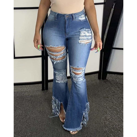 Ripped Cutout Fringe Hem Bootcut Jeans